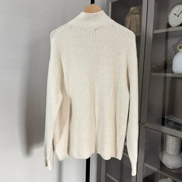 Jenni Kayne Oversized Half Zip Ivory Rib Knit Cotton Sweater 1/4 Zip Pullover M